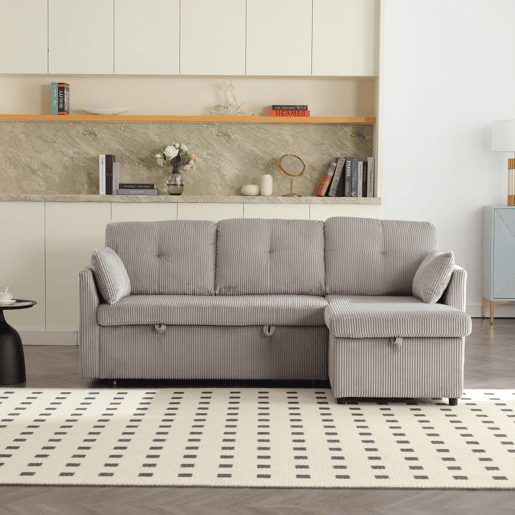 Sofá-cama multifuncional de 3 lugares - Sofá seccional com arrumação e cama extraível - Cinza claro