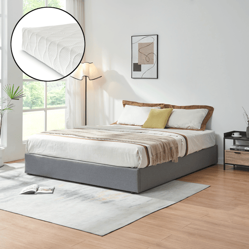 Cama estofada Nola com estrado linho + colchão 180x200 cm Cinzento en.casa