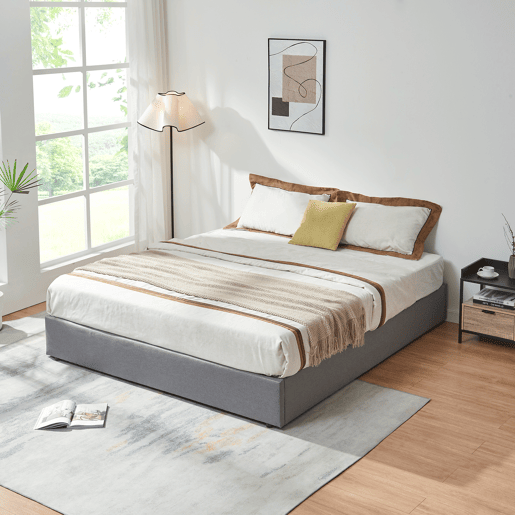 Cama estofada Nola com estrado linho + colchão 180x200 cm Cinzento en.casa