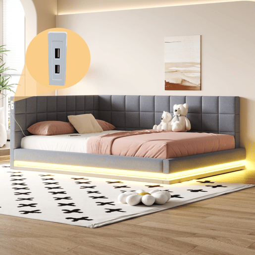 Sofá-cama 160x200 - Multifuncional com faixa de luz LED, porta USB e estrado, tecido de linho - Cinza