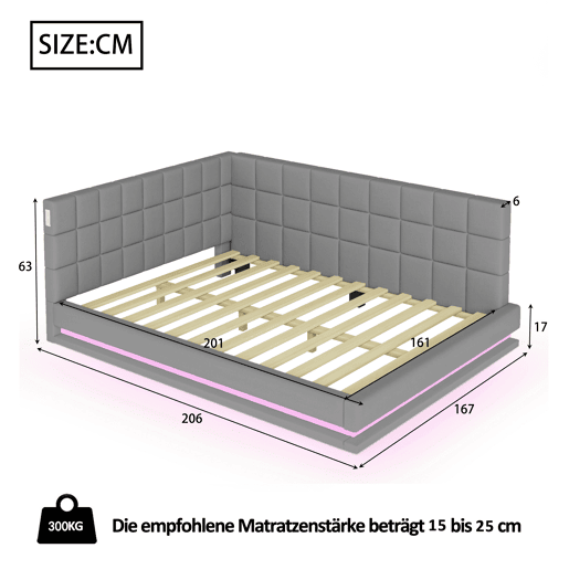 Sofá-cama 160x200 - Multifuncional com faixa de luz LED, porta USB e estrado, tecido de linho - Cinza