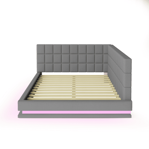 Sofá-cama 160x200 - Multifuncional com faixa de luz LED, porta USB e estrado, tecido de linho - Cinza