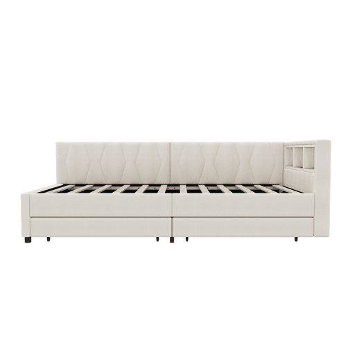 Cama de dia 90x200cm - Sofá-cama, compartimento de arrumação, USB + Tipo C, comando remoto para luz ambiente LED, com duas gavetas, com estrado (sem colchão) - Bege