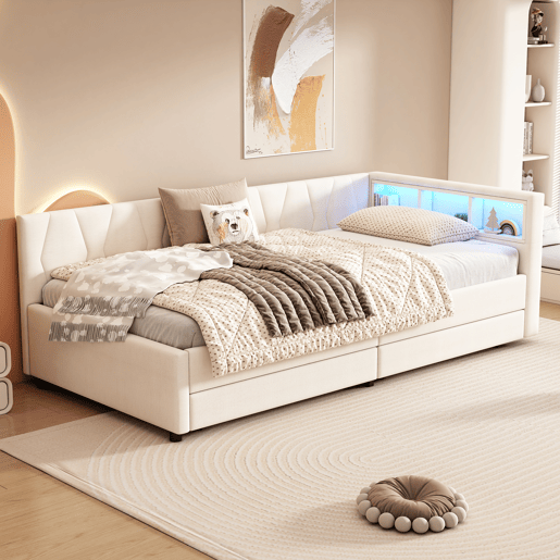 Cama de dia 90x200cm - Sofá-cama, compartimento de arrumação, USB + Tipo C, comando remoto para luz ambiente LED, com duas gavetas, com estrado (sem colchão) - Bege
