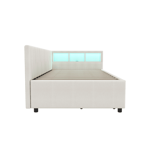 Cama de dia 90x200cm - Sofá-cama, compartimento de arrumação, USB + Tipo C, comando remoto para luz ambiente LED, com duas gavetas, com estrado (sem colchão) - Bege