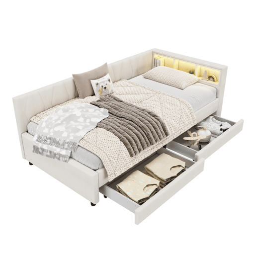 Cama de dia 90x200cm - Sofá-cama, compartimento de arrumação, USB + Tipo C, comando remoto para luz ambiente LED, com duas gavetas, com estrado (sem colchão) - Bege