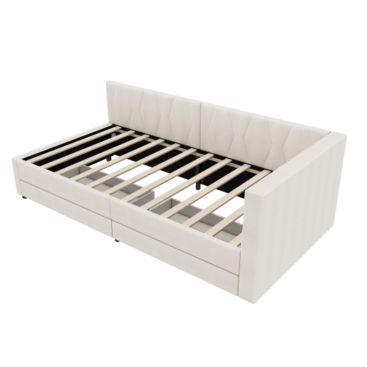 Cama de dia 90x200cm - Sofá-cama, compartimento de arrumação, USB + Tipo C, comando remoto para luz ambiente LED, com duas gavetas, com estrado (sem colchão) - Bege