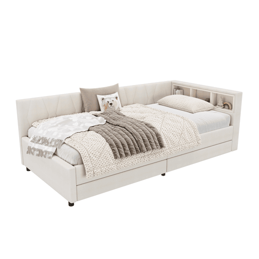 Cama de dia 90x200cm - Sofá-cama, compartimento de arrumação, USB + Tipo C, comando remoto para luz ambiente LED, com duas gavetas, com estrado (sem colchão) - Bege