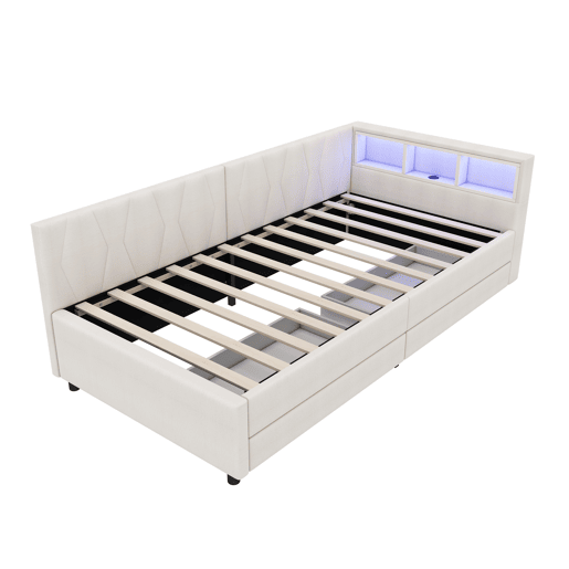 Cama de dia 90x200cm - Sofá-cama, compartimento de arrumação, USB + Tipo C, comando remoto para luz ambiente LED, com duas gavetas, com estrado (sem colchão) - Bege