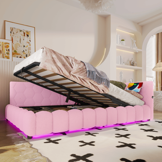 Cama de dia 140x200 cm - Sofá-cama, com estrado (sem colchão), com faixa LED, mecanismo hidráulico, porta USB, tipo C, material confortável, imitação de veludo - Rosa