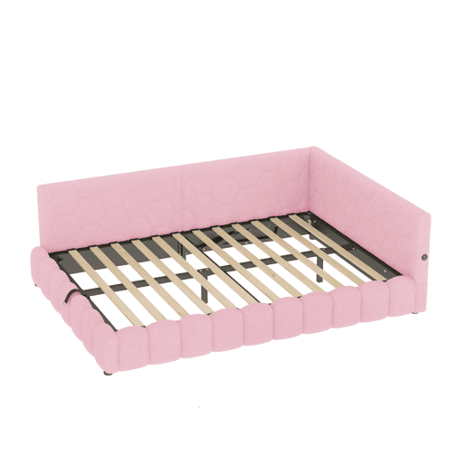Cama de dia 140x200 cm - Sofá-cama, com estrado (sem colchão), com faixa LED, mecanismo hidráulico, porta USB, tipo C, material confortável, imitação de veludo - Rosa