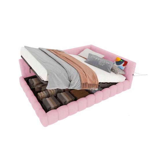 Cama de dia 140x200 cm - Sofá-cama, com estrado (sem colchão), com faixa LED, mecanismo hidráulico, porta USB, tipo C, material confortável, imitação de veludo - Rosa