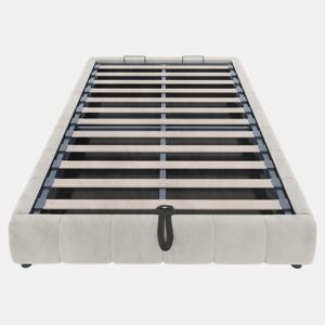 Cama individual 140x200 cm - Sem cabeceira, com faixa LED (monocromática), estrutura flutuante hidráulica com arrumação - Bege