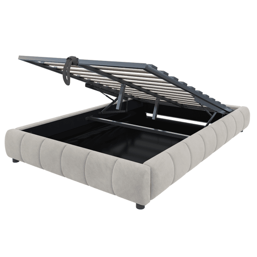 Cama individual 140x200 cm - Sem cabeceira, com faixa LED (monocromática), estrutura flutuante hidráulica com arrumação - Bege