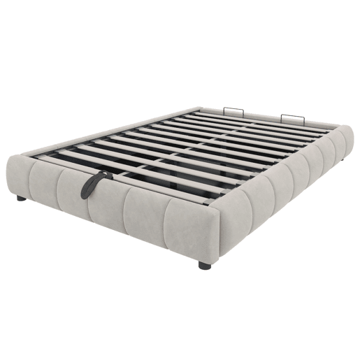 Cama individual 140x200 cm - Sem cabeceira, com faixa LED (monocromática), estrutura flutuante hidráulica com arrumação - Bege