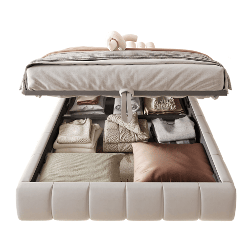 Cama individual 140x200 cm - Sem cabeceira, com faixa LED (monocromática), estrutura flutuante hidráulica com arrumação - Bege