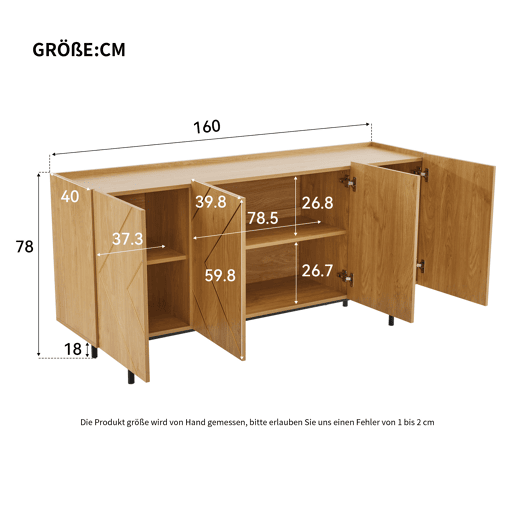 Aparador 160x40x78 cm - Com 4 portas e detalhes em metal - Madeira natural