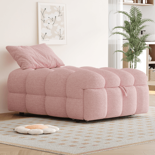 Sofá-cama 90x200 cm - 2 em 1, Puff, Cama individual, Tecido Teddy - Rosa
