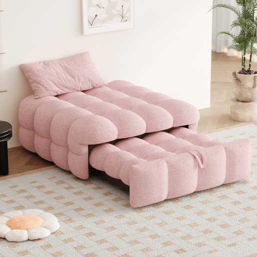 Sofá-cama 90x200 cm - 2 em 1, Puff, Cama individual, Tecido Teddy - Rosa