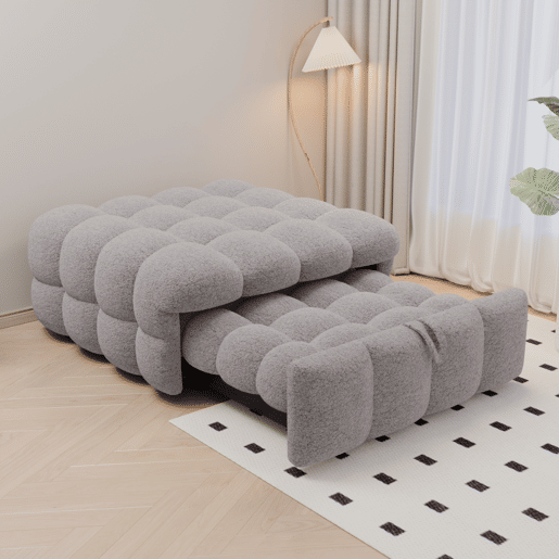 Sofá-cama 90x200 cm - 2 em 1, Puff, Sofá extensível, Cama individual, Cama tipo Puffy, Tecido Teddy - Cinza