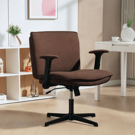 HOMCOM Cadeira de Escritório Cadeira de Secretária com Apoios de Braço Rebatíveis Assento Largo sem Rodas Altura Ajustável Giratória Função Basculante e Estofada em Linho 76x70x85-97 cm Castanho