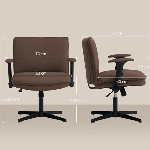 HOMCOM Cadeira de Escritório Cadeira de Secretária com Apoios de Braço Rebatíveis Assento Largo sem Rodas Altura Ajustável Giratória Função Basculante e Estofada em Linho 76x70x85-97 cm Castanho