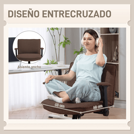 HOMCOM Cadeira de Escritório Cadeira de Secretária com Apoios de Braço Rebatíveis Assento Largo sem Rodas Altura Ajustável Giratória Função Basculante e Estofada em Linho 76x70x85-97 cm Castanho
