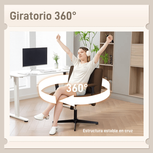 HOMCOM Cadeira de Escritório Cadeira de Secretária com Apoios de Braço Rebatíveis Assento Largo sem Rodas Altura Ajustável Giratória Função Basculante e Estofada em Linho 76x70x85-97 cm Castanho
