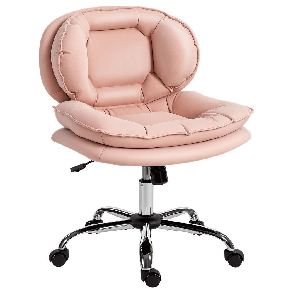 Homcom silla de oficina piernas cruzadas, silla tocador sin brazos con asiento ancho, ruedas, altura ajustable, doble acolchado, giratoria, función basculante, tapizada en pu, rosa