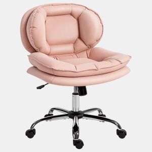 HOMCOM Cadeira de Escritório Pernas Cruzadas, Cadeira de Penteadeira sem Braços com Assento Largo, Rodas, Altura Regulável, Duplo Acolchoamento, Giratória, Função de Inclinação, Estofada em PU, Rosa