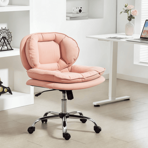 HOMCOM Cadeira de Escritório Pernas Cruzadas, Cadeira de Penteadeira sem Braços com Assento Largo, Rodas, Altura Regulável, Duplo Acolchoamento, Giratória, Função de Inclinação, Estofada em PU, Rosa