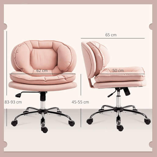 HOMCOM Cadeira de Escritório Pernas Cruzadas, Cadeira de Penteadeira sem Braços com Assento Largo, Rodas, Altura Regulável, Duplo Acolchoamento, Giratória, Função de Inclinação, Estofada em PU, Rosa