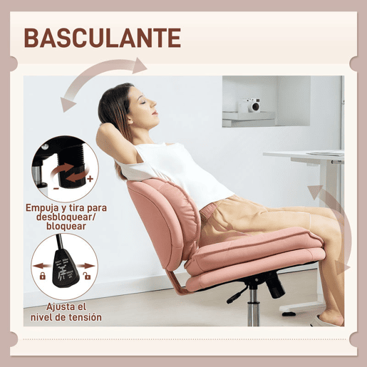 HOMCOM Cadeira de Escritório Pernas Cruzadas, Cadeira de Penteadeira sem Braços com Assento Largo, Rodas, Altura Regulável, Duplo Acolchoamento, Giratória, Função de Inclinação, Estofada em PU, Rosa