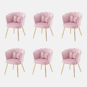 Conjunto de 6 cadeiras modernas em veludo - Cadeiras estofadas com encosto em pétalas, pernas em metal dourado e almofada em forma de borboleta - Rosa