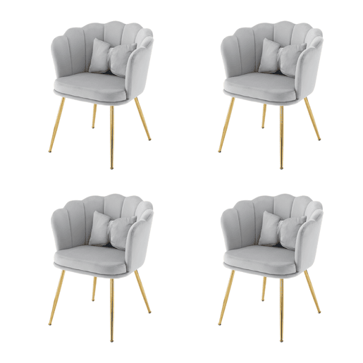Conjunto de 4 cadeiras modernas em veludo - com encosto em pétalas, pernas metálicas douradas e almofada em forma de borboleta - Cinza Conjunto de 4 cadeiras modernas em veludo - com encosto em pétalas, pernas metálicas douradas e almofada em forma de borboleta - Cinza