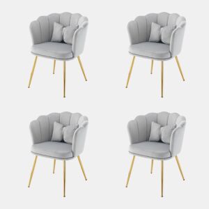 Conjunto de 4 cadeiras modernas em veludo - com encosto em pétalas, pernas metálicas douradas e almofada em forma de borboleta - Cinza