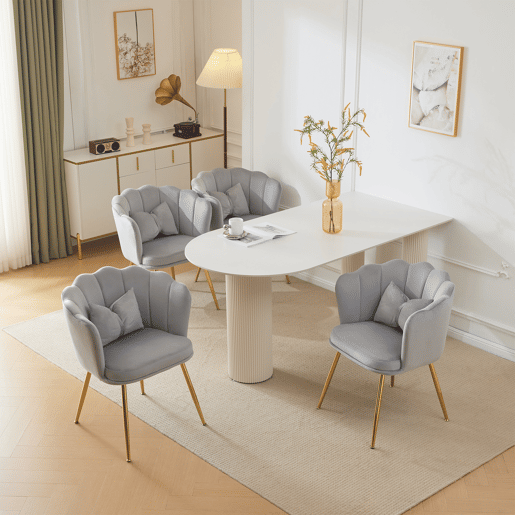Conjunto de 4 cadeiras modernas em veludo - com encosto em pétalas, pernas metálicas douradas e almofada em forma de borboleta - Cinza Conjunto de 4 cadeiras modernas em veludo - com encosto em pétalas, pernas metálicas douradas e almofada em forma de borboleta - Cinza