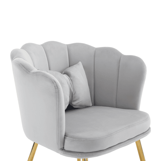 Conjunto de 4 cadeiras modernas em veludo - com encosto em pétalas, pernas metálicas douradas e almofada em forma de borboleta - Cinza Conjunto de 4 cadeiras modernas em veludo - com encosto em pétalas, pernas metálicas douradas e almofada em forma de borboleta - Cinza