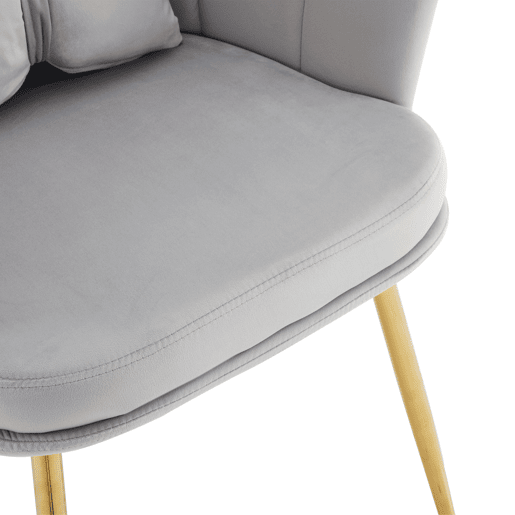 Conjunto de 4 cadeiras modernas em veludo - com encosto em pétalas, pernas metálicas douradas e almofada em forma de borboleta - Cinza Conjunto de 4 cadeiras modernas em veludo - com encosto em pétalas, pernas metálicas douradas e almofada em forma de borboleta - Cinza