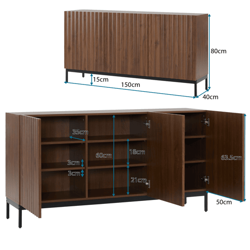 Aparador 150x40x80 cm - Design 3D ondulado, 3 portas, prateleiras ajustáveis, segurança anticaída - Madeira natural