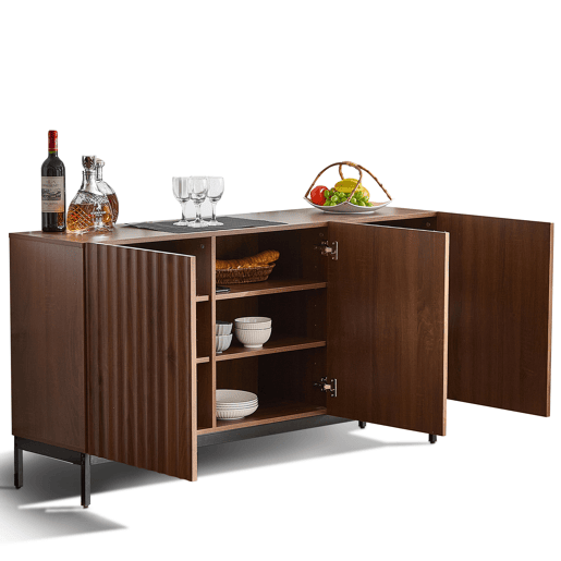 Aparador 150x40x80 cm - Design 3D ondulado, 3 portas, prateleiras ajustáveis, segurança anticaída - Madeira natural