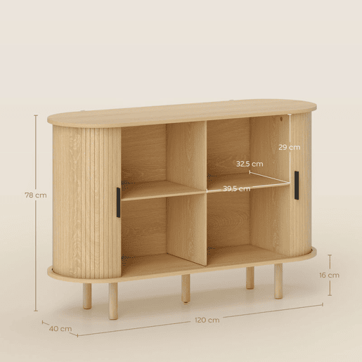 HOMCOM Aparador com Portas Tambor Deslizantes Design Moderno para Sala de Estar com 4 Compartimentos e Pés de Madeira 120x40x78 cm Carvalho