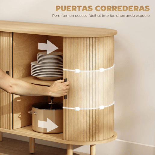 HOMCOM Aparador com Portas Tambor Deslizantes Design Moderno para Sala de Estar com 4 Compartimentos e Pés de Madeira 120x40x78 cm Carvalho