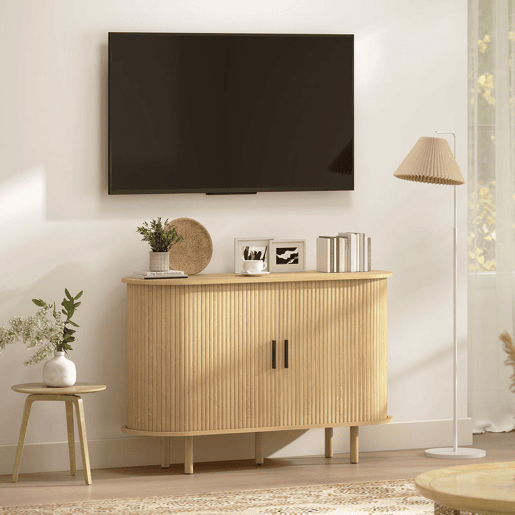 HOMCOM Aparador com Portas Tambor Deslizantes Design Moderno para Sala de Estar com 4 Compartimentos e Pés de Madeira 120x40x78 cm Carvalho