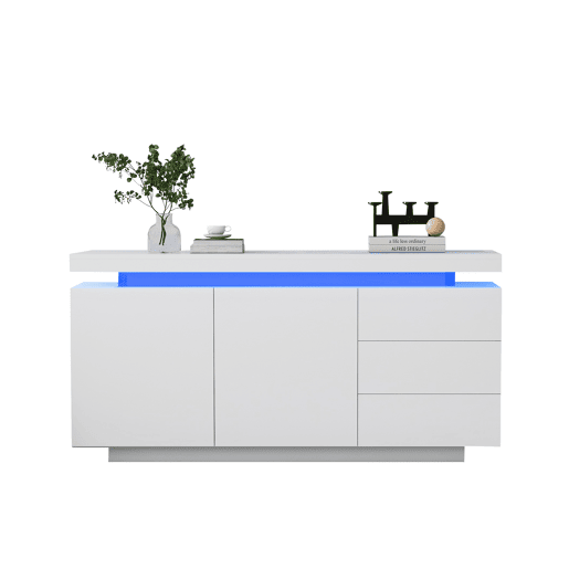 Móvel lateral 140x35x72,5 cm - 2 portas, 3 gavetas, acabamento lacado, com iluminação LED - Branco