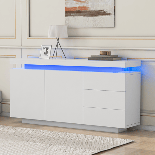 Móvel lateral 140x35x72,5 cm - 2 portas, 3 gavetas, acabamento lacado, com iluminação LED - Branco