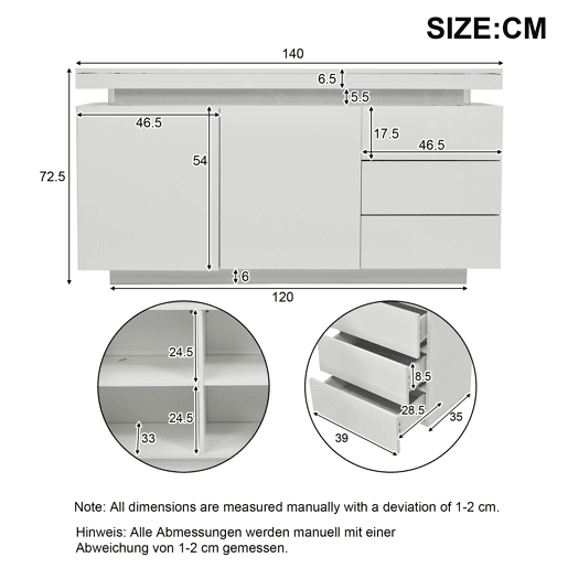 Móvel lateral 140x35x72,5 cm - 2 portas, 3 gavetas, acabamento lacado, com iluminação LED - Branco