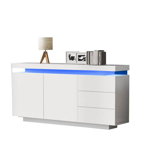 Móvel lateral 140x35x72,5 cm - 2 portas, 3 gavetas, acabamento lacado, com iluminação LED - Branco