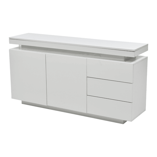 Móvel lateral 140x35x72,5 cm - 2 portas, 3 gavetas, acabamento lacado, com iluminação LED - Branco
