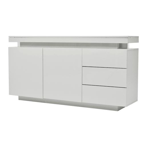 Móvel lateral 140x35x72,5 cm - 2 portas, 3 gavetas, acabamento lacado, com iluminação LED - Branco